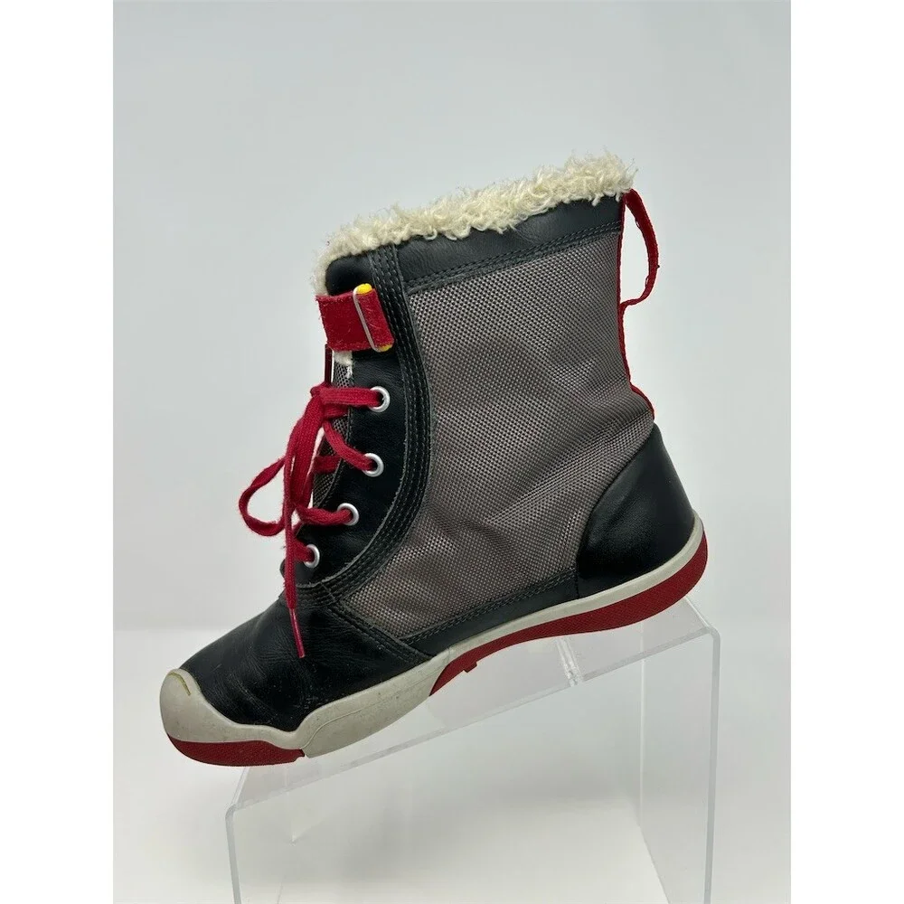 PLAE Noel Winter Snow Boots Unisex Kids Black Red Waterproof Faux Fur Size 4.5